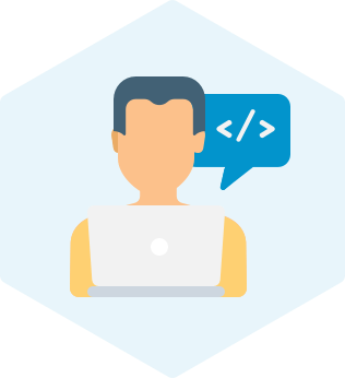 Custom software development - man with speech bubble showing the coding icon